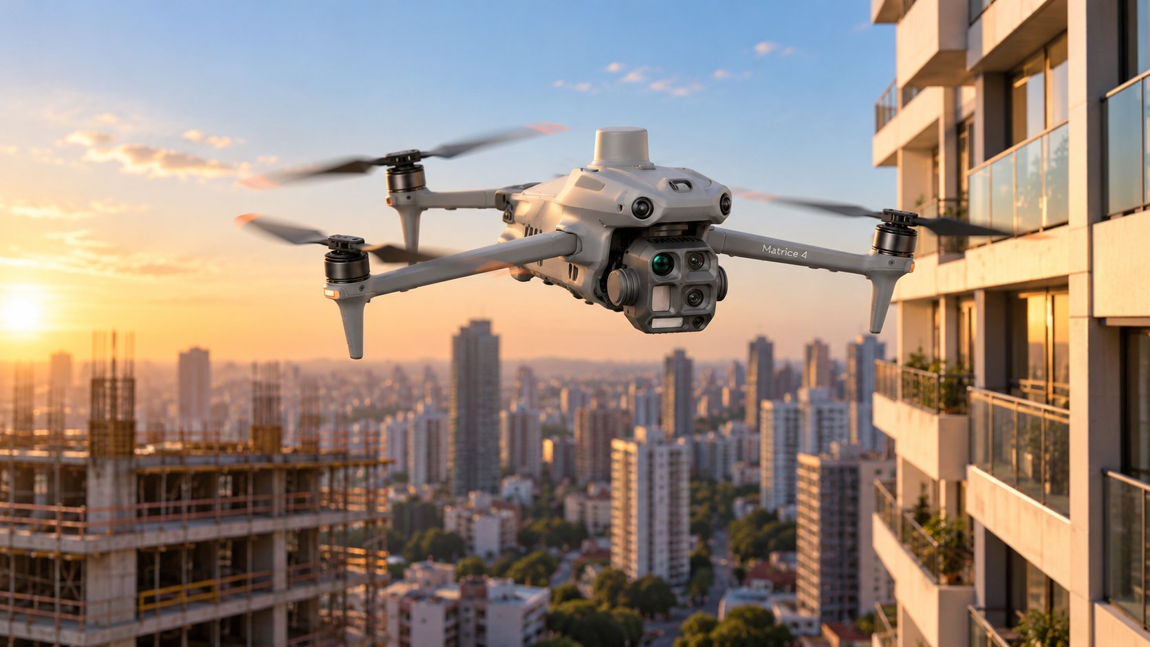Drone DJI Matrice 4T em voo sobre a cidade, entre um edifício residencial e uma obra